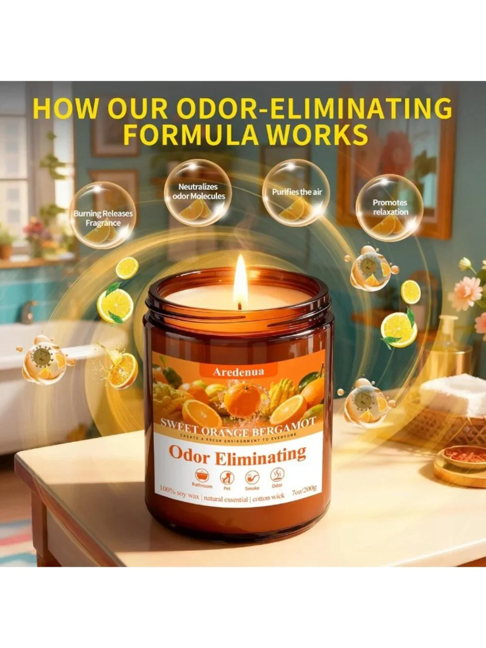 Sweet Orange Odor Eliminating Soy Candle - 7oz, 50 Hour Burn, Freshens Air